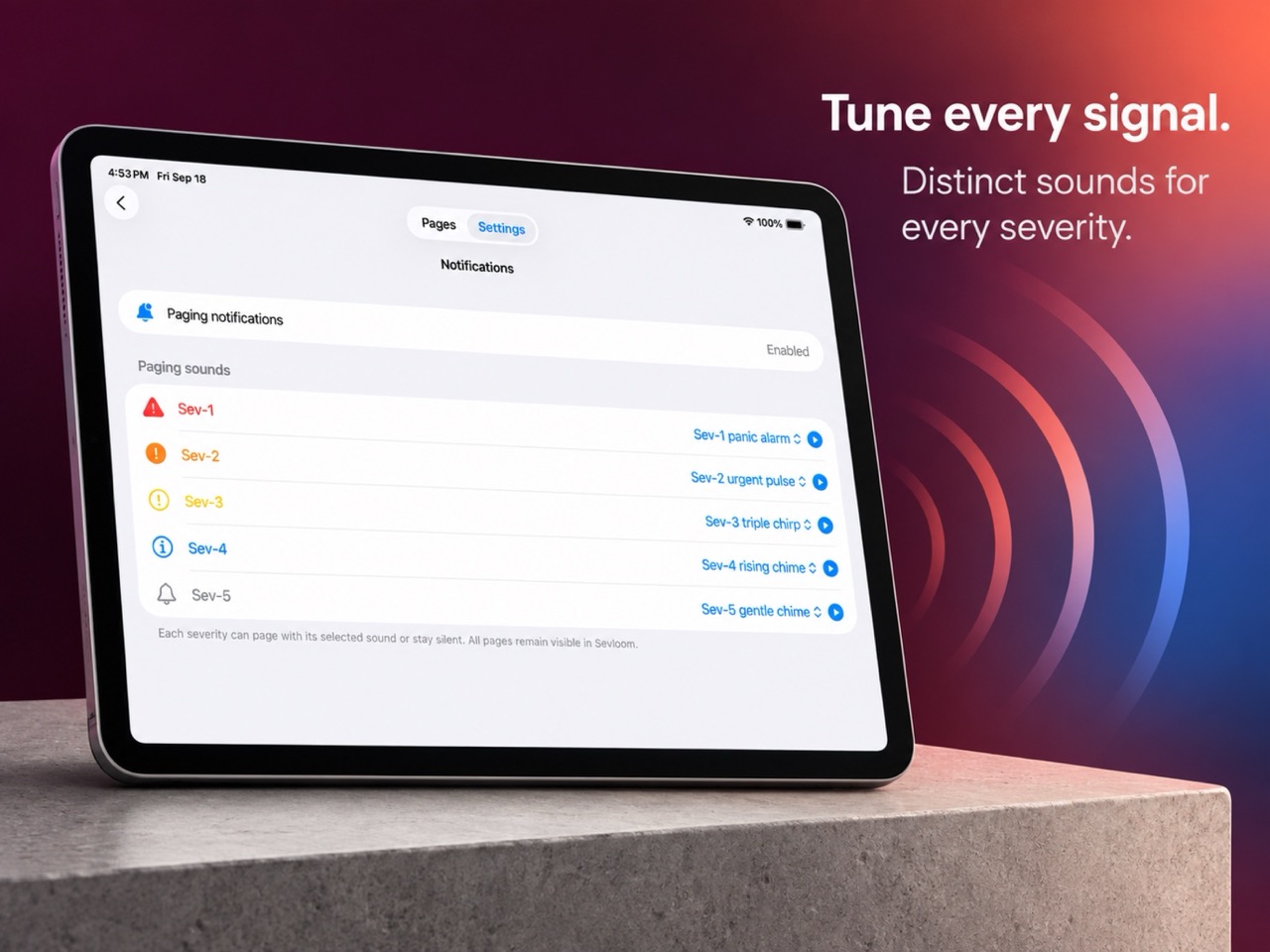 Sevloom notification preferences displayed on an iPad